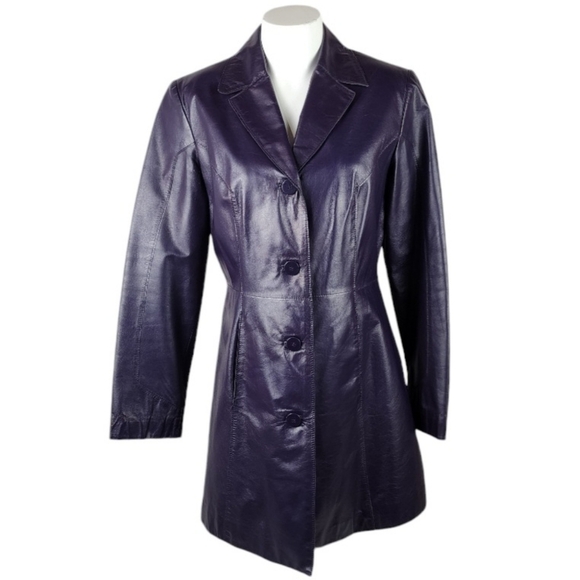 Vintage Danier Leather Button Front Trench Coat Eggplant Purple Size 6 - Picture 1 of 16